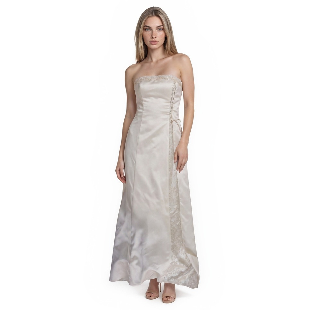 NWT Zum Zum by Niki Livas Formal Women's Size 7/8 Cream Satin Lace Up Maxi Dress
